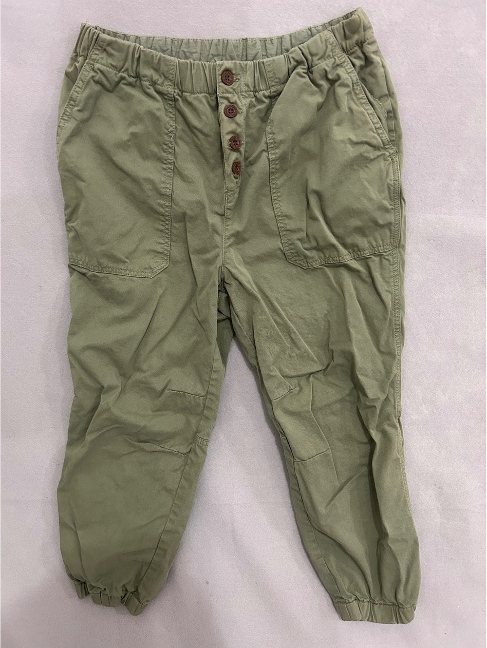 Free People Women's Green Cotton Jogger Pants with Elastic Waist and Button Det